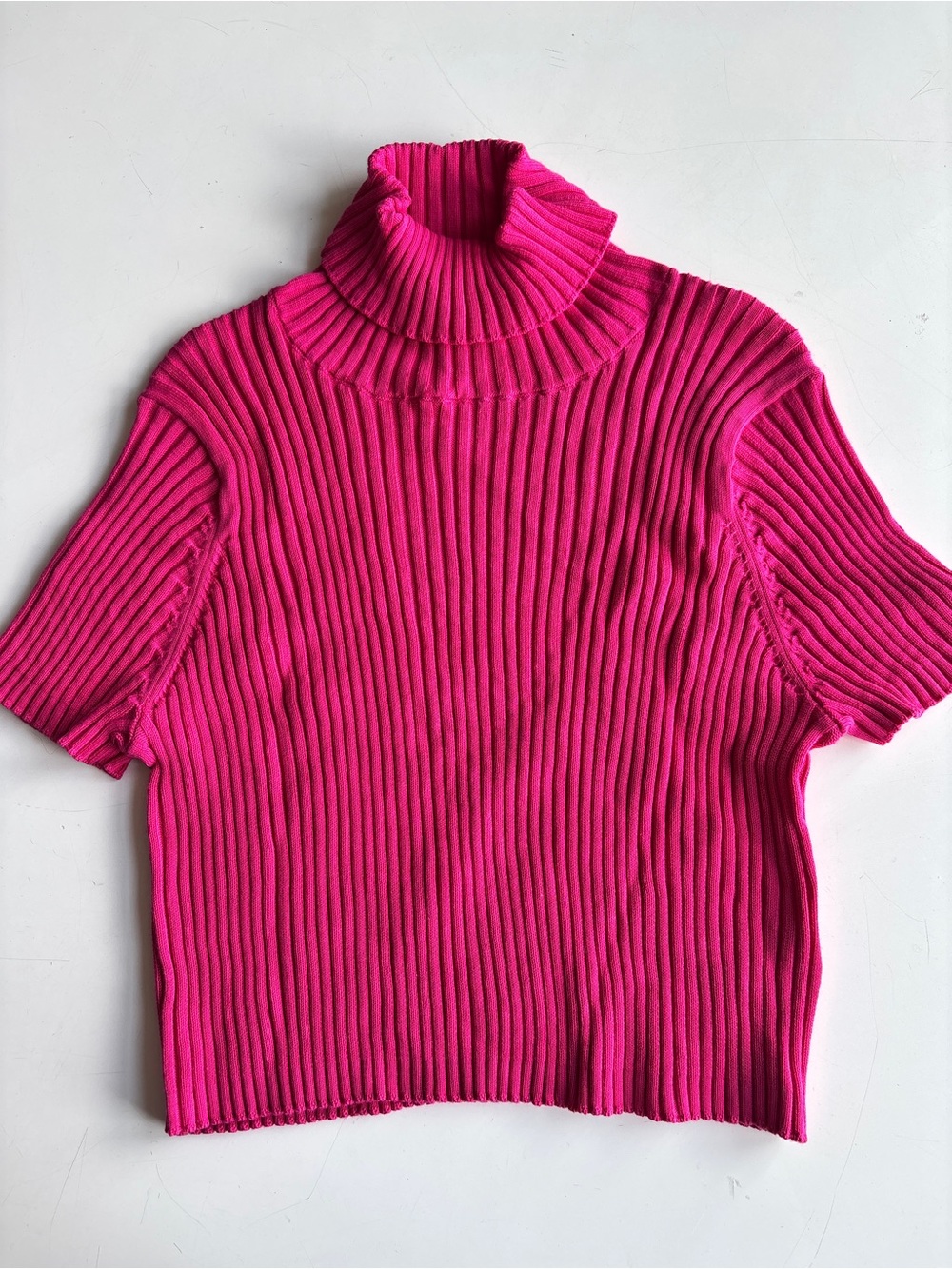 STAUD Hot Pink Ribbed Short-Sleeve Turtleneck Sweater